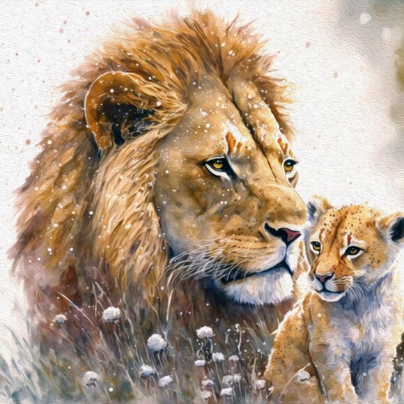 8x8 Framed Lion and Cub Gorgeous Fantasy Art Oil Painting Print - Picture 2 of 6